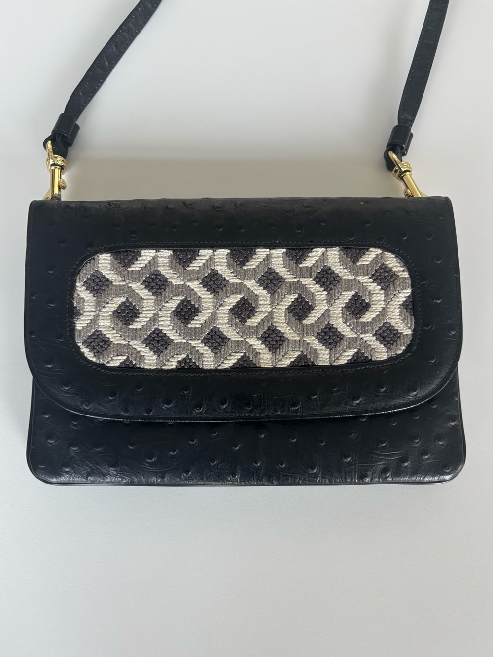 Vintage Ostrich Shoulder Bag with Embroidered Accent